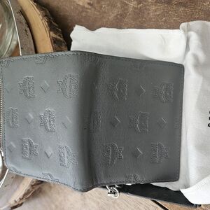 MCM Womens Gray Leather Trifold Wallet W/charm